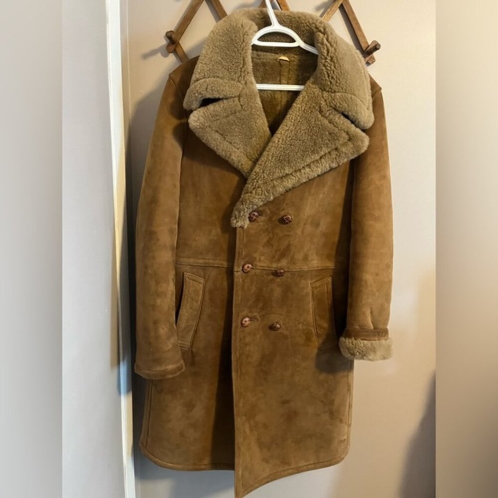 Vintage mens shearling leather jacket double breasted tan size LXL